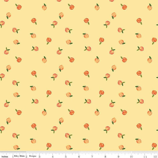 Image of Southern Charm Peaches Yellow quilting cotton fabric by The RBD Designers for Riley Blake Designs. Features peaches on a yellow background. Cute Little Fabric Shop.