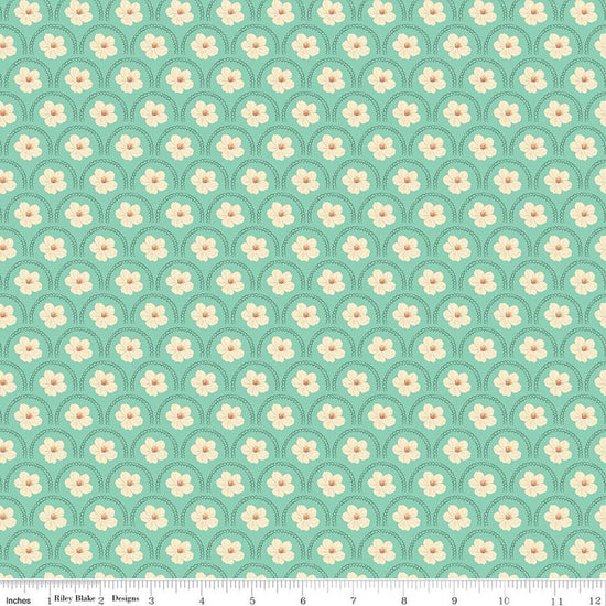 Image of Southern Charm Peach Blossoms Mint quilting cotton fabric by The RBD Designers for Riley Blake Designs. Features flowers on a green background. Cute Little Fabric Shop.