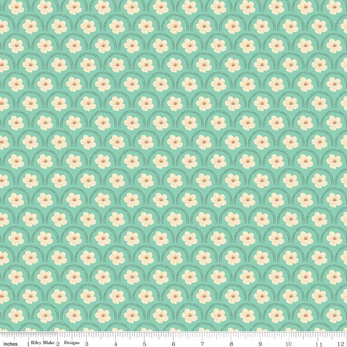 Image of Southern Charm Peach Blossoms Mint quilting cotton fabric by The RBD Designers for Riley Blake Designs. Features flowers on a green background. Cute Little Fabric Shop.