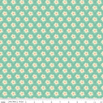 Image of Southern Charm Peach Blossoms Mint quilting cotton fabric by The RBD Designers for Riley Blake Designs. Features flowers on a green background. Cute Little Fabric Shop.