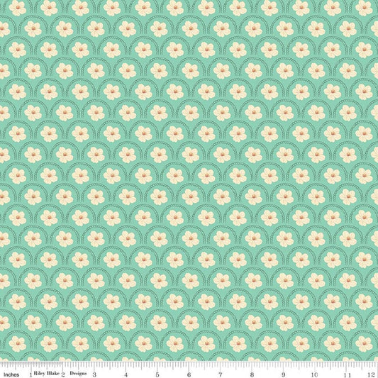 Image of Southern Charm Peach Blossoms Mint quilting cotton fabric by The RBD Designers for Riley Blake Designs. Features flowers on a green background. Cute Little Fabric Shop.