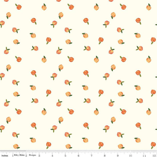 Image of Southern Charm Peaches Cloud quilting cotton fabric by The RBD Designers for Riley Blake Designs. Features peaches on a cream background. Cute Little Fabric Shop.