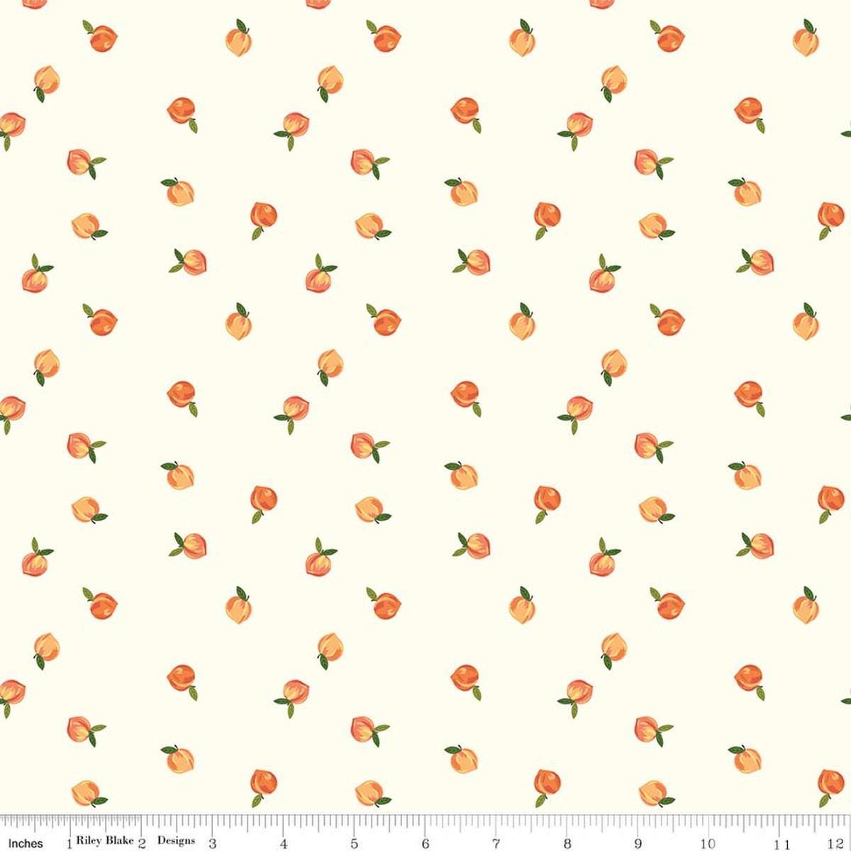 Image of Southern Charm Peaches Cloud quilting cotton fabric by The RBD Designers for Riley Blake Designs. Features peaches on a cream background. Cute Little Fabric Shop.