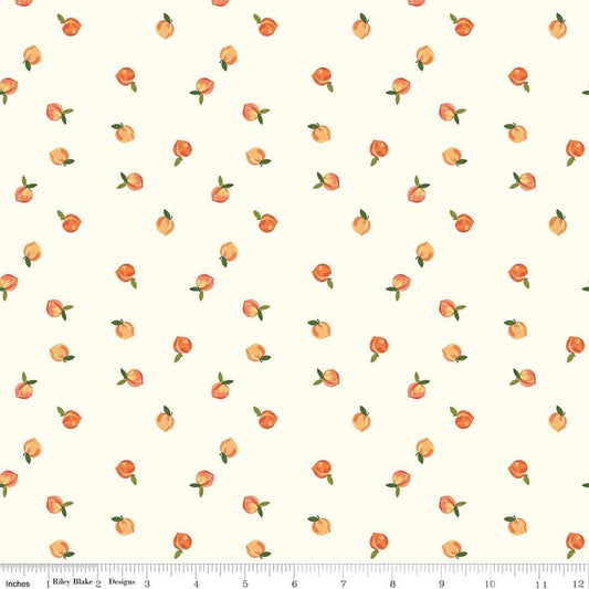 Image of Southern Charm Peaches Cloud quilting cotton fabric by The RBD Designers for Riley Blake Designs. Features peaches on a cream background. Cute Little Fabric Shop.