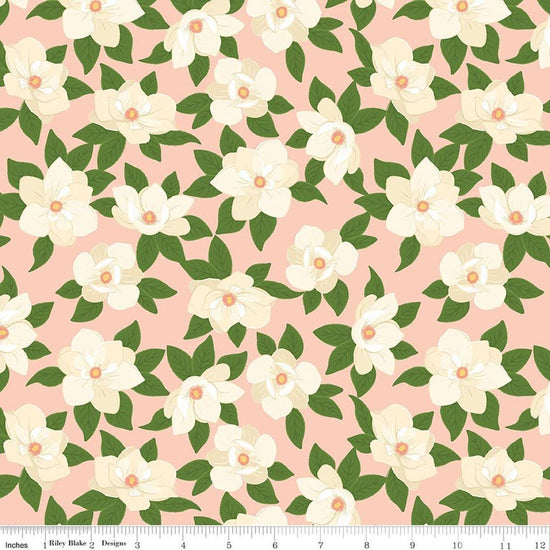 Image of Southern Charm Main Peaches 'n Cream quilting cotton fabric by The RBD Designers for Riley Blake Designs. Features flowers on a pink background. Cute Little Fabric Shop.