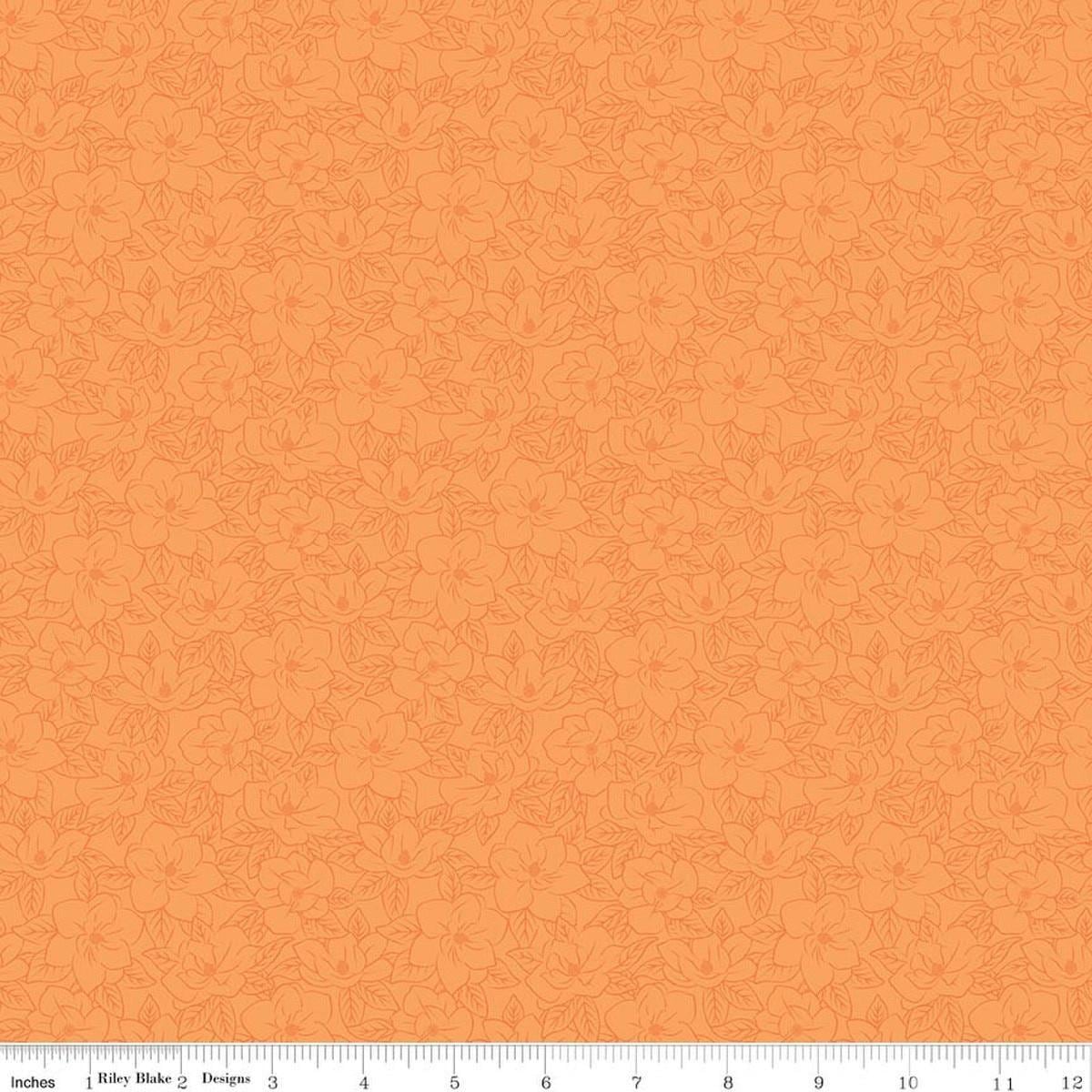 Image of Southern Charm Magnolia Tonal Orange quilting cotton fabric by The RBD Designers for Riley Blake Designs. Features flowers on an orange background. Cute Little Fabric Shop.