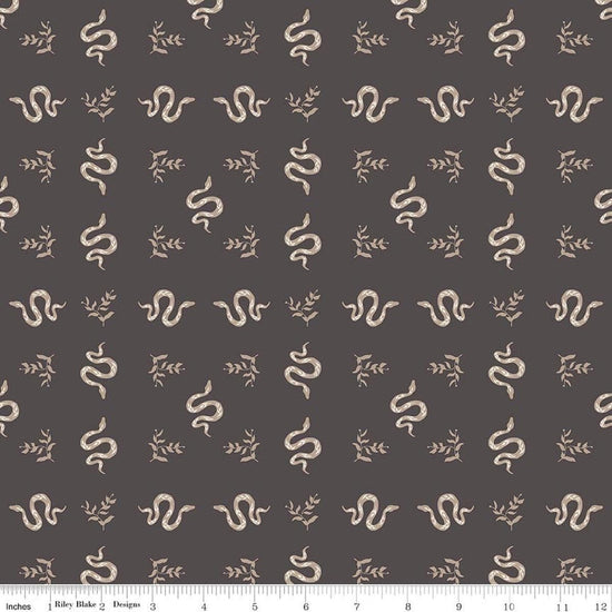 Image of The Apothecary Serpents Charcoal quilting cotton fabric by Amber Elliot for Riley Blake Designs. Features snakes on a black background. Cute Little Fabric Shop.