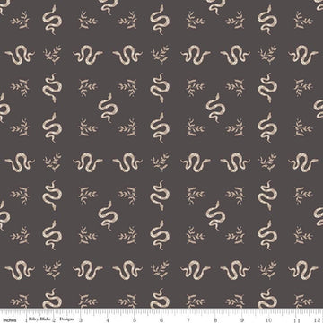 Image of The Apothecary Serpents Charcoal quilting cotton fabric by Amber Elliot for Riley Blake Designs. Features snakes on a black background. Cute Little Fabric Shop.