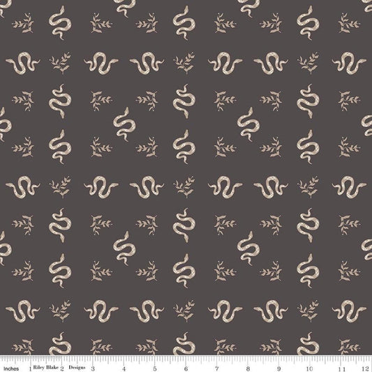 Image of The Apothecary Serpents Charcoal quilting cotton fabric by Amber Elliot for Riley Blake Designs. Features snakes on a black background. Cute Little Fabric Shop.