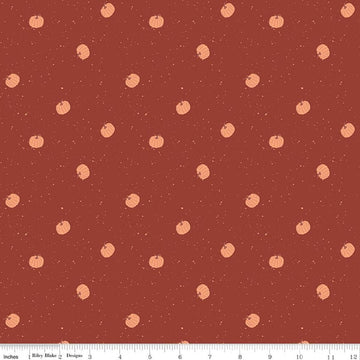Image of The Apothecary Pumpkin Toss Rust quilting cotton fabric by Amber Elliot for Riley Blake Designs. Features pumpkins on a red background. Cute Little Fabric Shop.