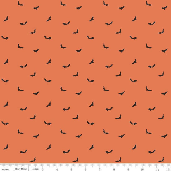 Image of The Apothecary Batwings Marmalade quilting cotton fabric by Amber Elliot for Riley Blake Designs. Features bats on an orange background. Cute Little Fabric Shop.