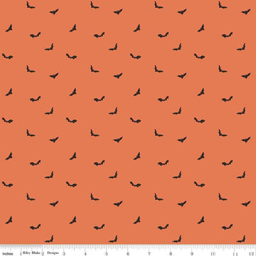 Image of The Apothecary Batwings Marmalade quilting cotton fabric by Amber Elliot for Riley Blake Designs. Features bats on an orange background. Cute Little Fabric Shop.