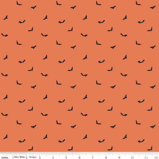 Image of The Apothecary Batwings Marmalade quilting cotton fabric by Amber Elliot for Riley Blake Designs. Features bats on an orange background. Cute Little Fabric Shop.