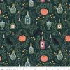 Image of The Apothecary Main Deep Teal quilting cotton fabric by Amber Elliot for Riley Blake Designs. Features bottles on a blue background. Cute Little Fabric Shop.