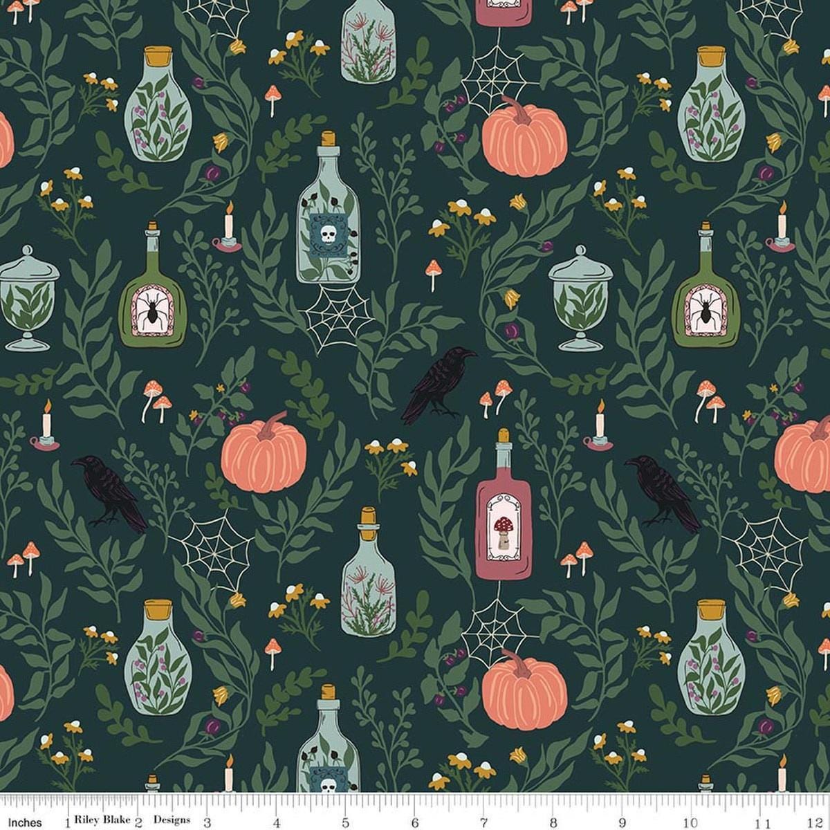 Image of The Apothecary Main Deep Teal quilting cotton fabric by Amber Elliot for Riley Blake Designs. Features bottles on a blue background. Cute Little Fabric Shop.