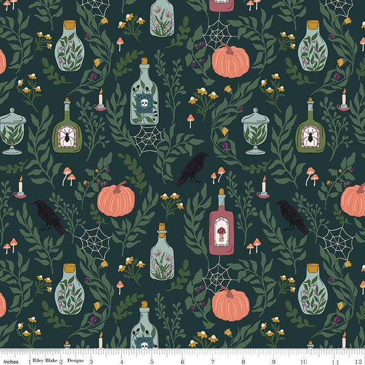 Image of The Apothecary Main Deep Teal quilting cotton fabric by Amber Elliot for Riley Blake Designs. Features bottles on a blue background. Cute Little Fabric Shop.