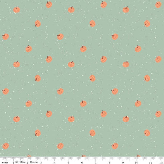 Image of The Apothecary Pumpkin Toss Mint quilting cotton fabric by Amber Elliot for Riley Blake Designs. Features pumpkins on a green background. Cute Little Fabric Shop.