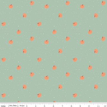Image of The Apothecary Pumpkin Toss Mint quilting cotton fabric by Amber Elliot for Riley Blake Designs. Features pumpkins on a green background. Cute Little Fabric Shop.