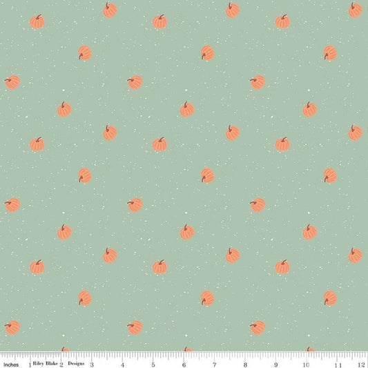 Image of The Apothecary Pumpkin Toss Mint quilting cotton fabric by Amber Elliot for Riley Blake Designs. Features pumpkins on a green background. Cute Little Fabric Shop.