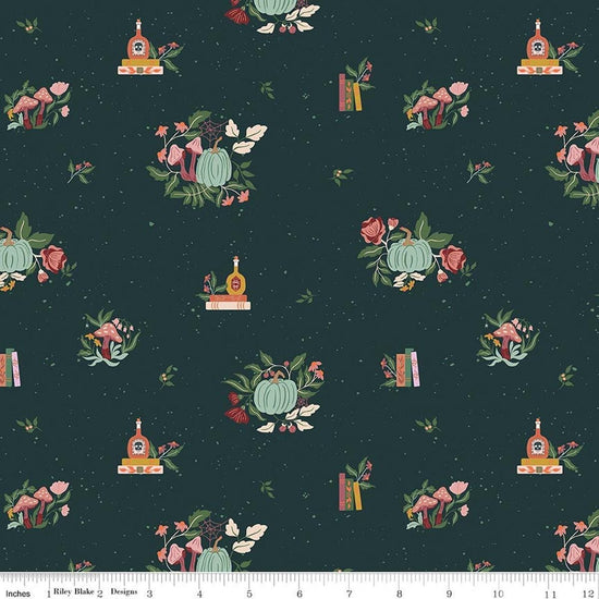 Image of The Apothecary Botanicals Deep Teal quilting cotton fabric by Amber Elliot for Riley Blake Designs. Features nature on a blue background. Cute Little Fabric Shop.