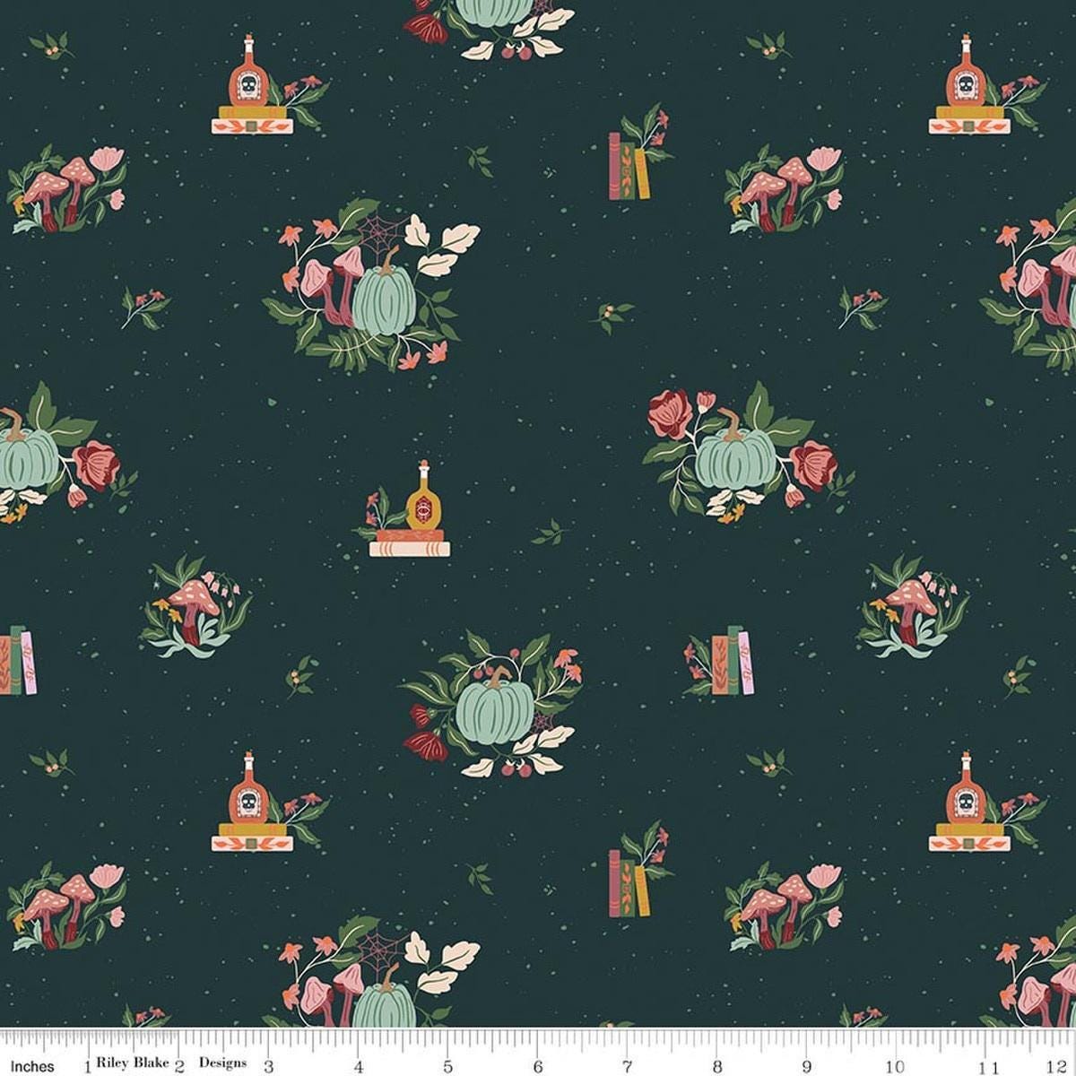 Image of The Apothecary Botanicals Deep Teal quilting cotton fabric by Amber Elliot for Riley Blake Designs. Features nature on a blue background. Cute Little Fabric Shop.