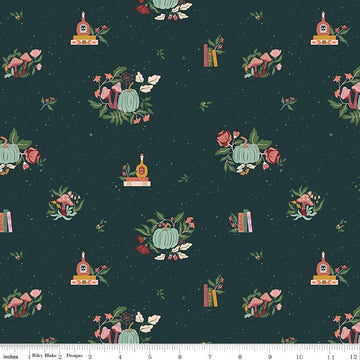Image of The Apothecary Botanicals Deep Teal quilting cotton fabric by Amber Elliot for Riley Blake Designs. Features nature on a blue background. Cute Little Fabric Shop.