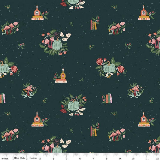 Image of The Apothecary Botanicals Deep Teal quilting cotton fabric by Amber Elliot for Riley Blake Designs. Features nature on a blue background. Cute Little Fabric Shop.