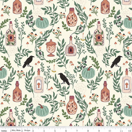 Image of The Apothecary Main Cream quilting cotton fabric by Amber Elliot for Riley Blake Designs. Features bottles on a cream background. Cute Little Fabric Shop.