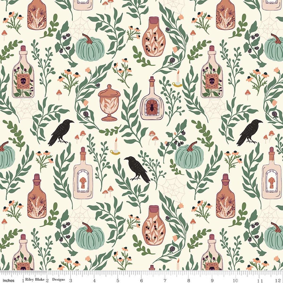 Image of The Apothecary Main Cream quilting cotton fabric by Amber Elliot for Riley Blake Designs. Features bottles on a cream background. Cute Little Fabric Shop.