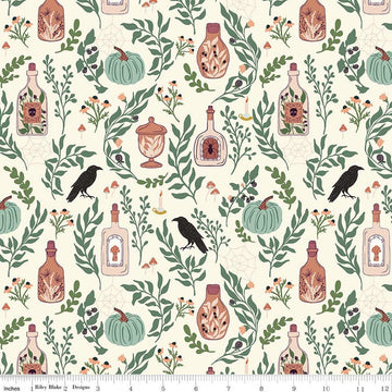 Image of The Apothecary Main Cream quilting cotton fabric by Amber Elliot for Riley Blake Designs. Features bottles on a cream background. Cute Little Fabric Shop.