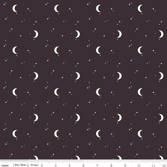 Image of The Apothecary Night Sky Midnight quilting cotton fabric by Amber Elliot for Riley Blake Designs. Features moons and stars on a black background. Cute Little Fabric Shop.