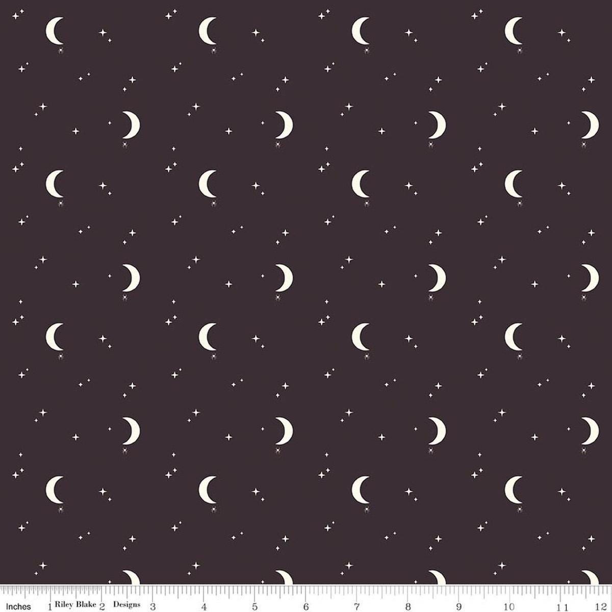 Image of The Apothecary Night Sky Midnight quilting cotton fabric by Amber Elliot for Riley Blake Designs. Features moons and stars on a black background. Cute Little Fabric Shop.