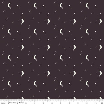 Image of The Apothecary Night Sky Midnight quilting cotton fabric by Amber Elliot for Riley Blake Designs. Features moons and stars on a black background. Cute Little Fabric Shop.