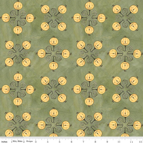 Image of Spooky Jacks Green quilting cotton fabric by Teresa Kogut for Riley Blake Designs. Features pumpkins on a green background. Cute Little Fabric Shop.