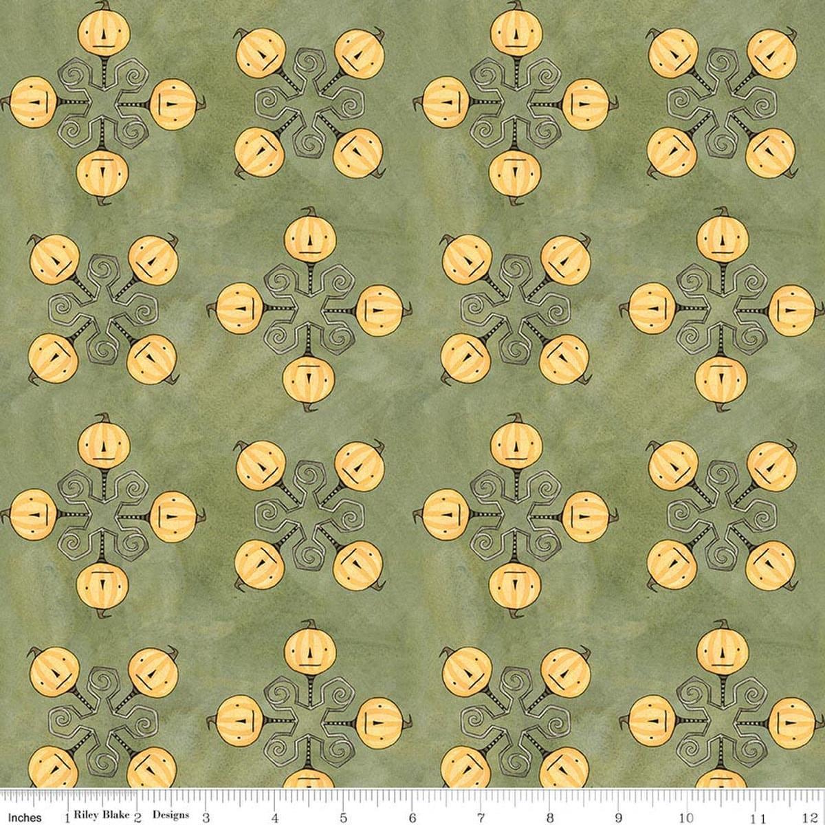 Image of Spooky Jacks Green quilting cotton fabric by Teresa Kogut for Riley Blake Designs. Features pumpkins on a green background. Cute Little Fabric Shop.