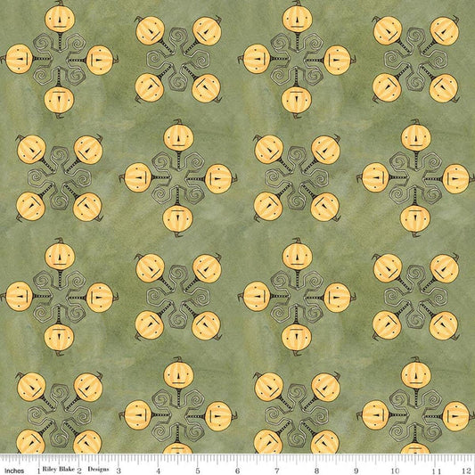 Image of Spooky Jacks Green quilting cotton fabric by Teresa Kogut for Riley Blake Designs. Features pumpkins on a green background. Cute Little Fabric Shop.