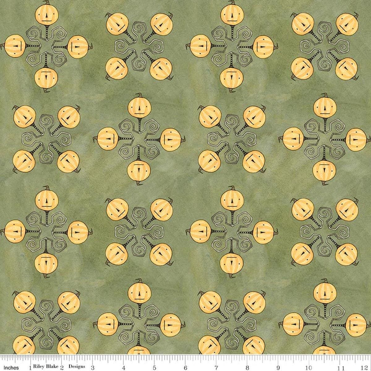 Image of Spooky Jacks Green quilting cotton fabric by Teresa Kogut for Riley Blake Designs. Features pumpkins on a green background. Cute Little Fabric Shop.
