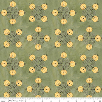 Image of Spooky Jacks Green quilting cotton fabric by Teresa Kogut for Riley Blake Designs. Features pumpkins on a green background. Cute Little Fabric Shop.