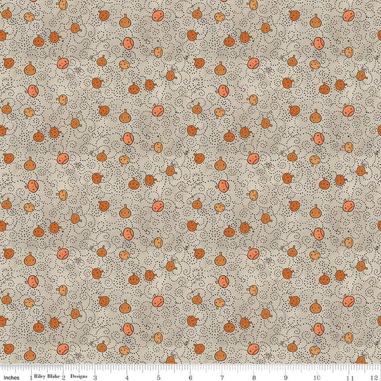 Image of Spooky Pumpkins Gray quilting cotton fabric by Teresa Kogut for Riley Blake Designs. Features pumpkins on a gray background. Cute Little Fabric Shop.