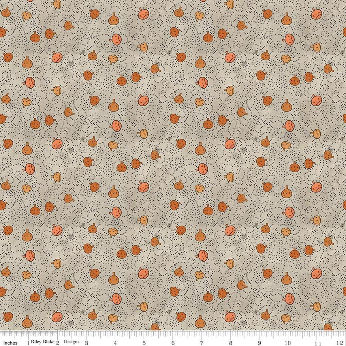 Image of Spooky Pumpkins Gray quilting cotton fabric by Teresa Kogut for Riley Blake Designs. Features pumpkins on a gray background. Cute Little Fabric Shop.