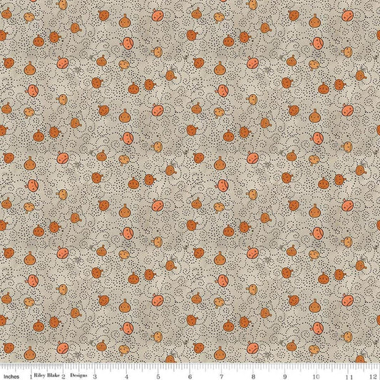 Image of Spooky Pumpkins Gray quilting cotton fabric by Teresa Kogut for Riley Blake Designs. Features pumpkins on a gray background. Cute Little Fabric Shop.