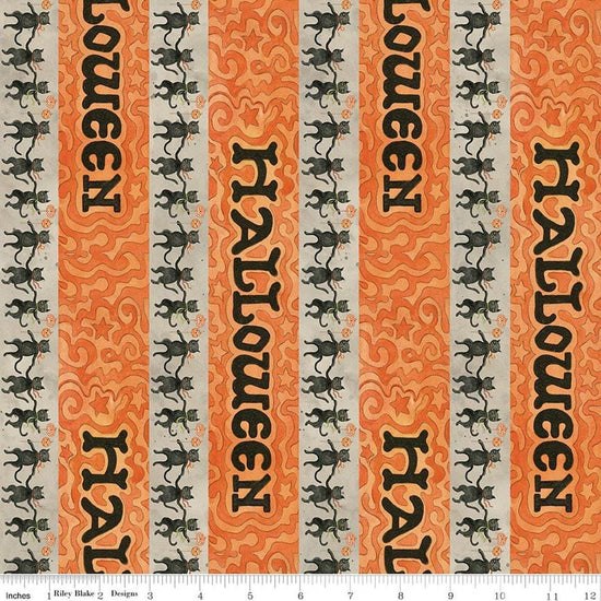 Image of Spooky Halloween Stripe Gray quilting cotton fabric by Teresa Kogut for Riley Blake Designs. Features stripes on an orange and gray background. Cute Little Fabric Shop.