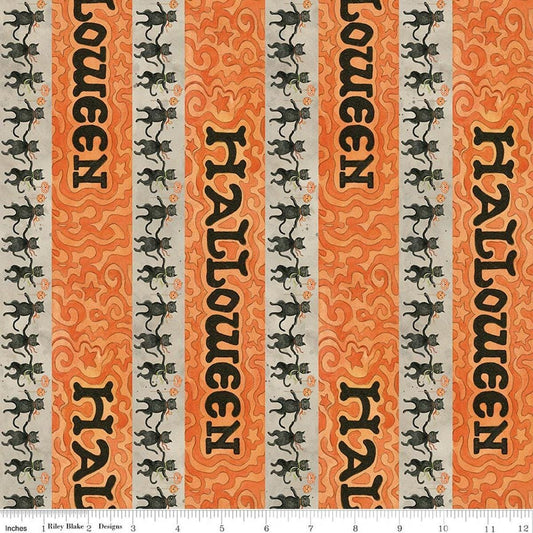 Image of Spooky Halloween Stripe Gray quilting cotton fabric by Teresa Kogut for Riley Blake Designs. Features stripes on an orange and gray background. Cute Little Fabric Shop.