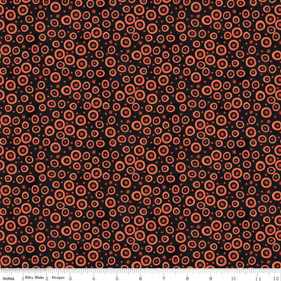 Image of Spooky Polka Dots Black quilting cotton fabric by Teresa Kogut for Riley Blake Designs. Features dots on a black background. Cute Little Fabric Shop.