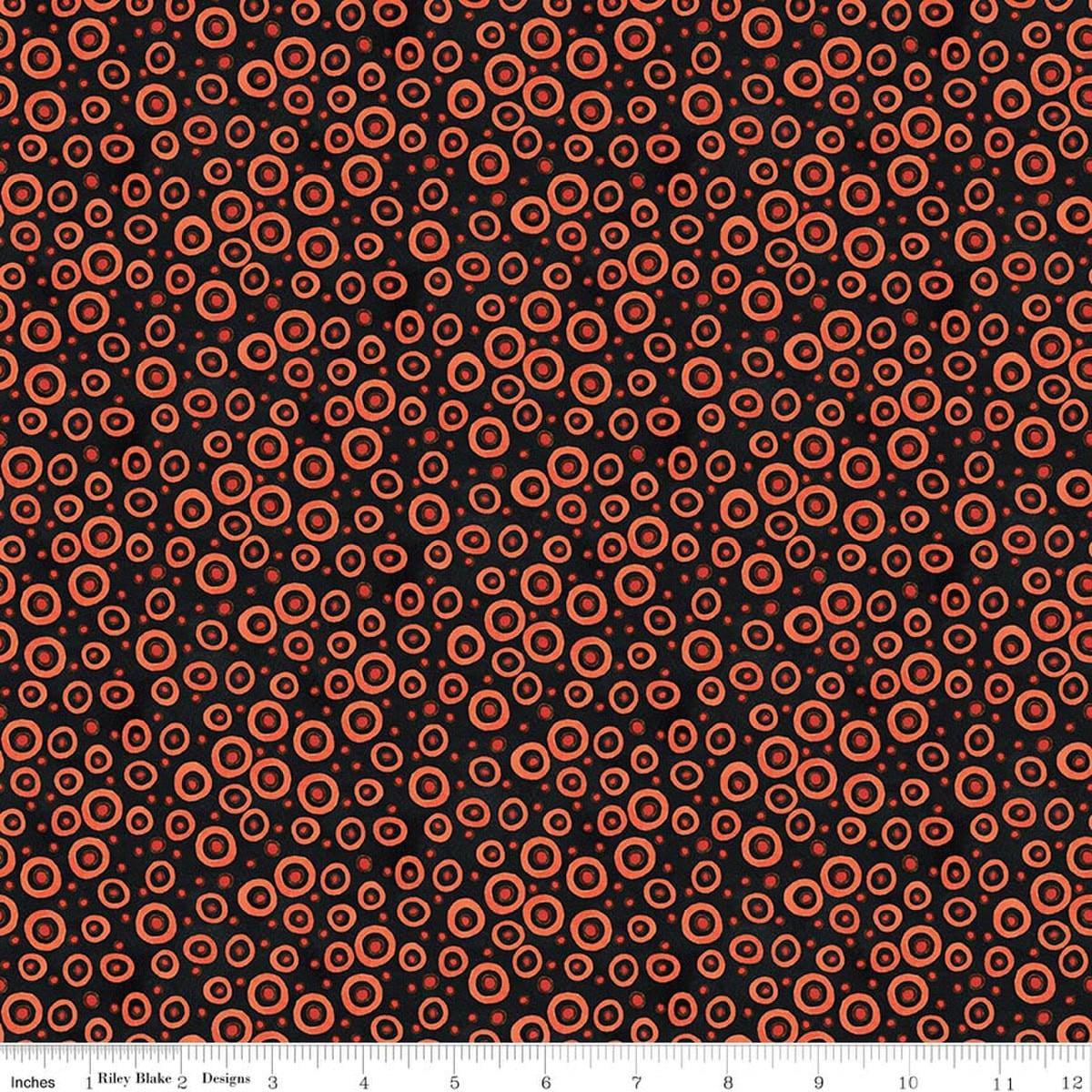 Image of Spooky Polka Dots Black quilting cotton fabric by Teresa Kogut for Riley Blake Designs. Features dots on a black background. Cute Little Fabric Shop.