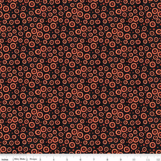 Image of Spooky Polka Dots Black quilting cotton fabric by Teresa Kogut for Riley Blake Designs. Features dots on a black background. Cute Little Fabric Shop.