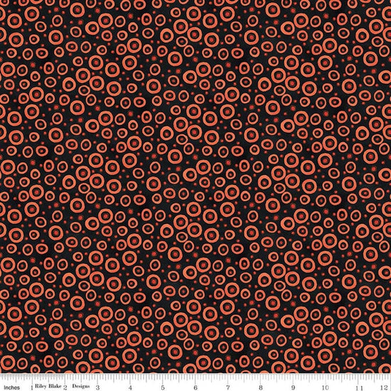 Image of Spooky Polka Dots Black quilting cotton fabric by Teresa Kogut for Riley Blake Designs. Features dots on a black background. Cute Little Fabric Shop.