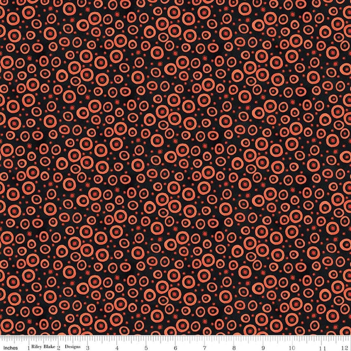 Image of Spooky Polka Dots Black quilting cotton fabric by Teresa Kogut for Riley Blake Designs. Features dots on a black background. Cute Little Fabric Shop.