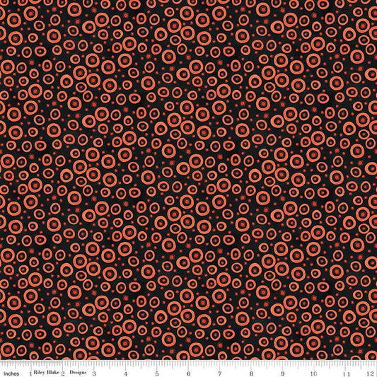 Image of Spooky Polka Dots Black quilting cotton fabric by Teresa Kogut for Riley Blake Designs. Features dots on a black background. Cute Little Fabric Shop.