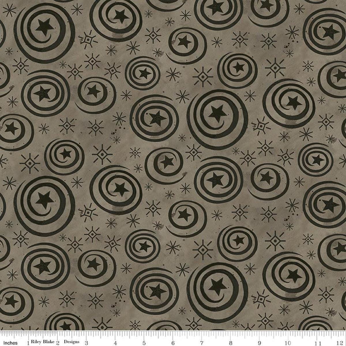 Image of Spooky Stars and Swirls Tombstone quilting cotton fabric by Teresa Kogut for Riley Blake Designs. Features stars on a gray background. Cute Little Fabric Shop.